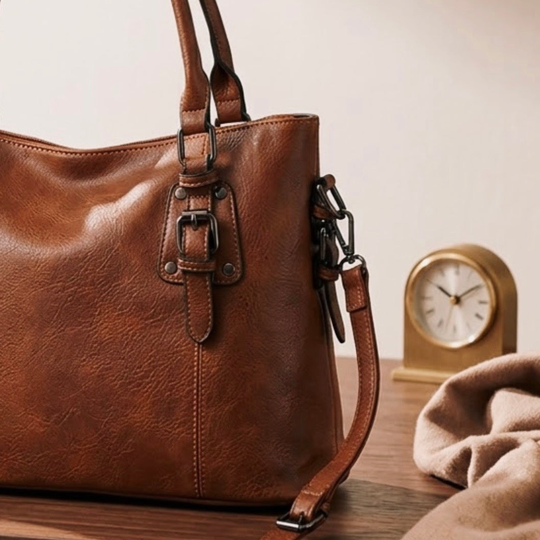 Maven Satchel - Warm Brown by TIKORI LONDON. Constructed from deep-brown, pebbled Vintage washed Faux Leather with a supple hand-feel, the Marvin Satchel is as resilient as it is refined. Bag displaying on a table . Gun metal hardware shows in the picture.