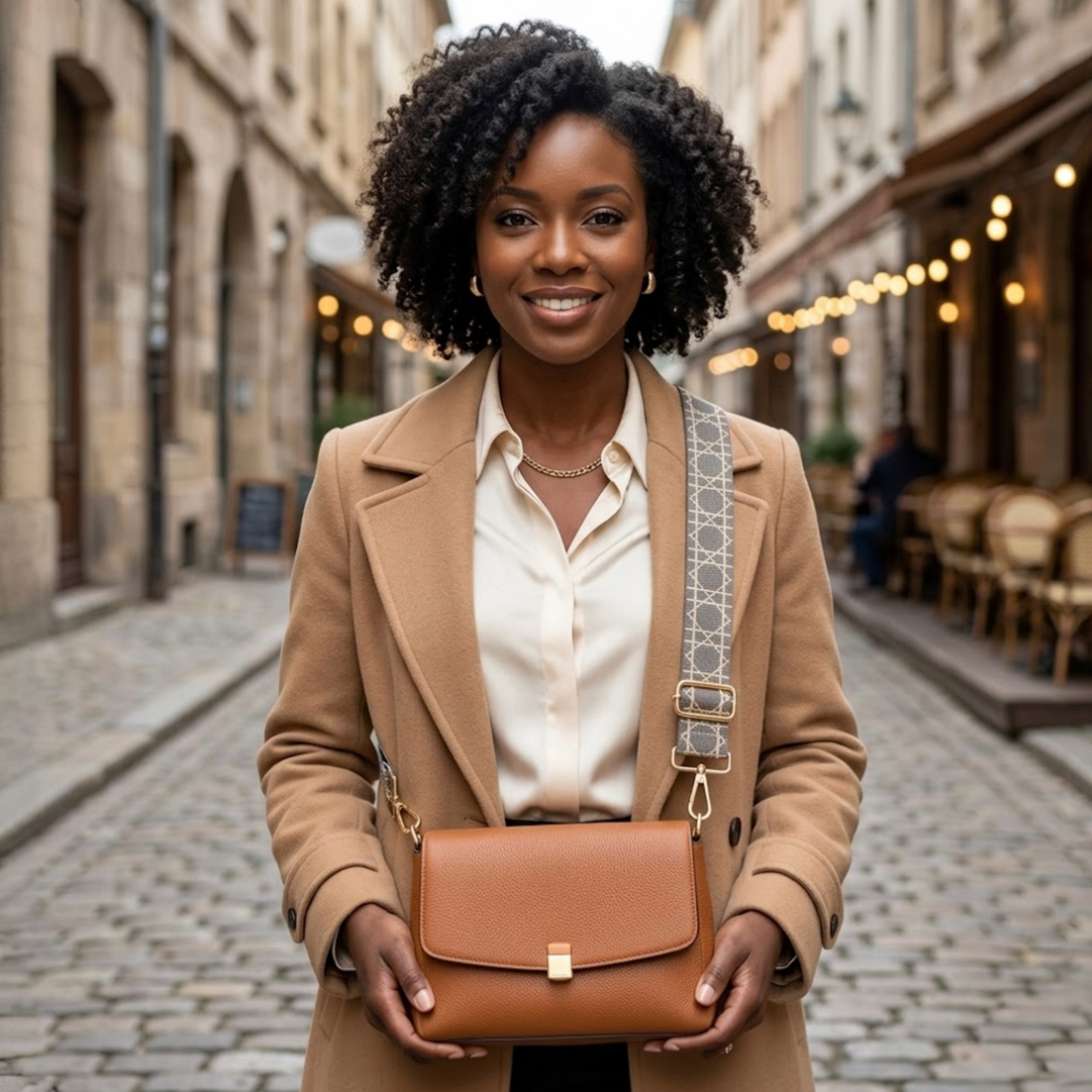 Grey Tikori London Checkered Lines Crossbody Strap with adjustable length laid and stylish pattern displayed. Dark skinned model wearing tan coat wearing the crossbody bag has this strap. Golden hardware also showing in the picture in a street background.