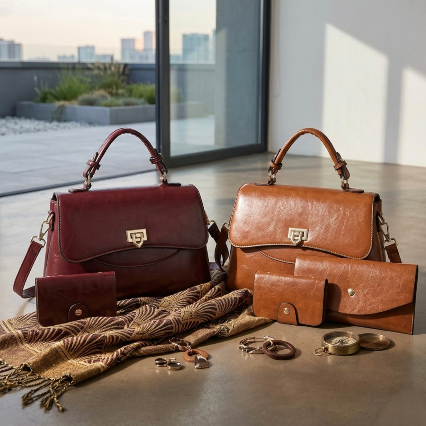 Heritage Flap Bag - Maroon and tan By TIKORI London. Features a beautiful, sweeping front flap secured by a polished, shield shaped gold clasp. Top handle and long strap included. Both bags displaying on the floor with two cardholders and a wallet. Front profile of all display on the floor.