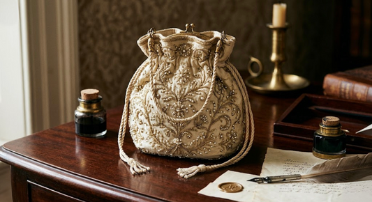 Beautiful bucket bag is on the table. Luxurious expensive old surroundings 