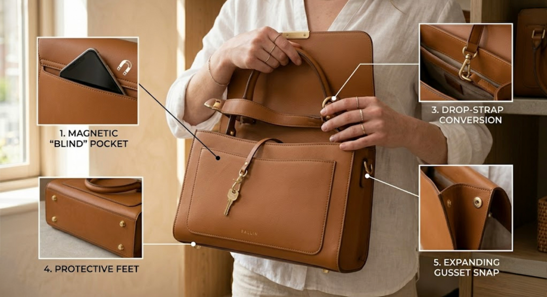 Unlocked: 5 Genius Design Details Hidden On Your Handbag Blog post picture, showing female model showing a tan handbag and its hidden functions. Picture is highlighting five important functions.