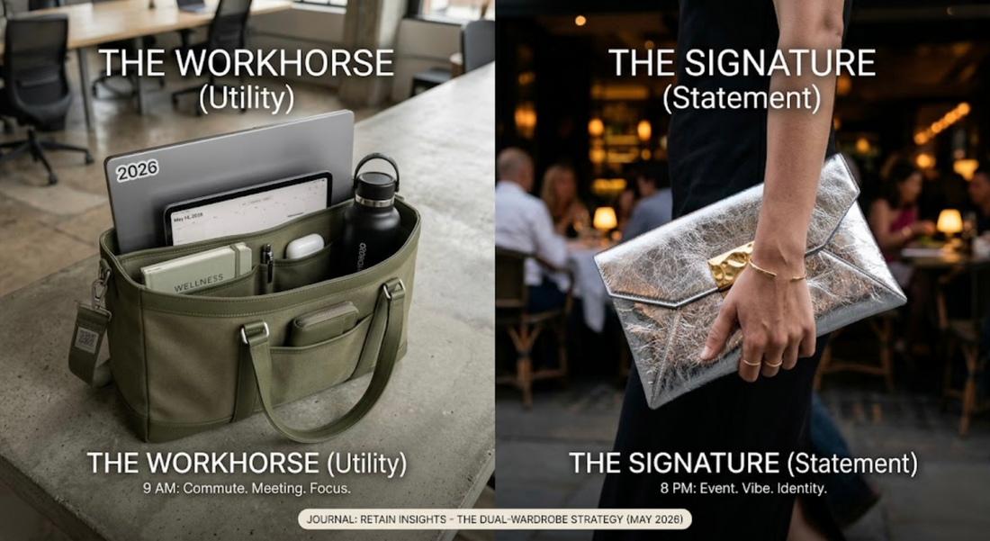 The Dual Wardrobe Strategy 2026, blog post picture shows two pictures together. One highlighted the work hours bag and the other the signature statement look. 