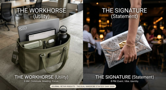 The Dual Wardrobe Strategy 2026, blog post picture shows two pictures together. One highlighted the work hours bag and the other the signature statement look. 