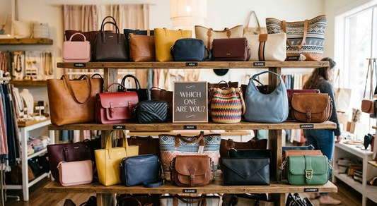 The art of the Handbags: A Guide To Choosing Your Daily Companion Blog pictures shows shelves full of handbags. Different colours and styles can be seen. Shop environment.