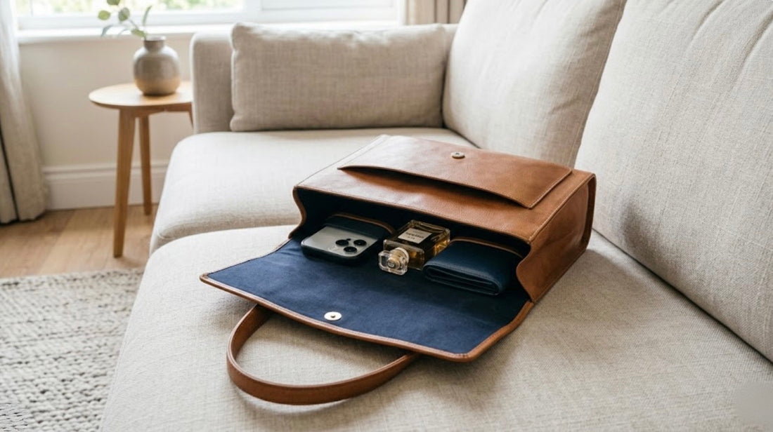 Are You A “Minimalist Chic" Or A “Organised Chaos” Blog post picture showing tan leather bag on the sofa. It looks clean and organised.