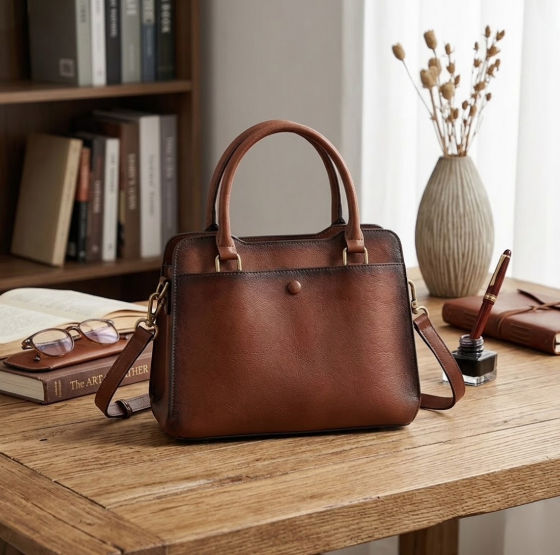 Heritage burnished leather tote deep mahogany by TIKORI LONDON. bag displayed on a table next a vase, book, and reading glasses. Book shelf next to the table. Home setting. 