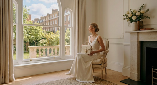 TIKORI London blog image. Beautiful wine sitting near the windows elegantly holding TIKORI london bag and watching outside.