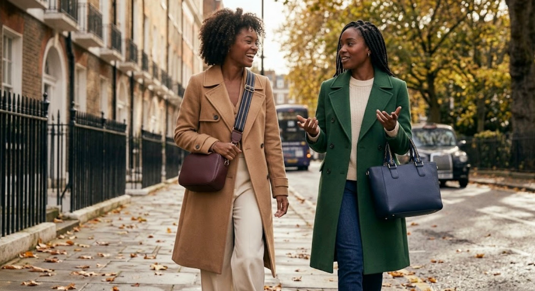 Beautiful dark skin tow model on the street. One wears tan trench cote, cream trousers and wearing TIKORI classic crossbody in Navy. The other wear cream top and green trench coat. Autumn surrounding. 