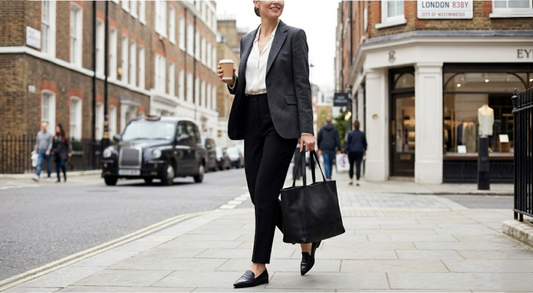 The Secret Life Of The Big Black Tote Bog picture showing women in black jeans and blazer carrying a big black tote in the street.
