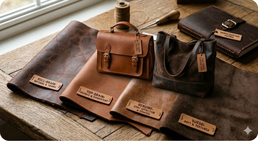 Leather guide: Understanding The Grade Blog pictures, showing different textures of the leather, on the table. Next to the leather pieces tow beautiful hand bag and leather tools can be seen.