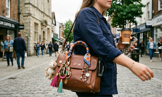 Beyond the Leather: Why 2026 is the Year of the Chaos Bag Blog picture, showing middle part of the body of a women wearing blue shirt carrying a shoulder bag with many charms on. Beads, brooches, scarf and little teddy bear hanging from the bag.