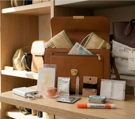 10 emergency purse kit, 10 essential items women must have in her hand bag artical picture, showing brown bag on the table with all the essentials items showing.