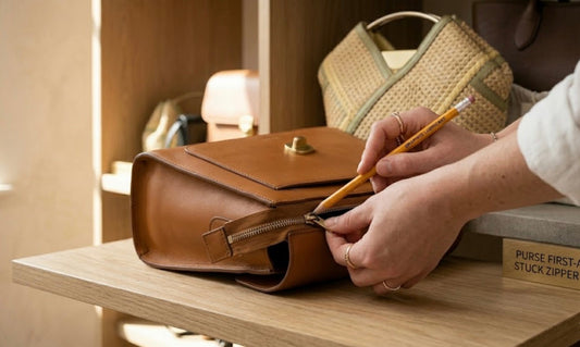 Purse First-Aid: How to Fix a Stuck Zipper (and Other Quick Saves) Blog post picture showing female showing how to fix the zipper in a handbag.