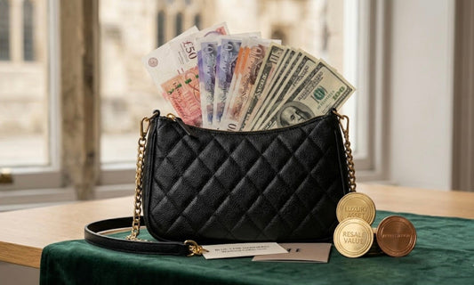 Black leather handbag on a table with cash notes inside, illustrating handbag investment value.