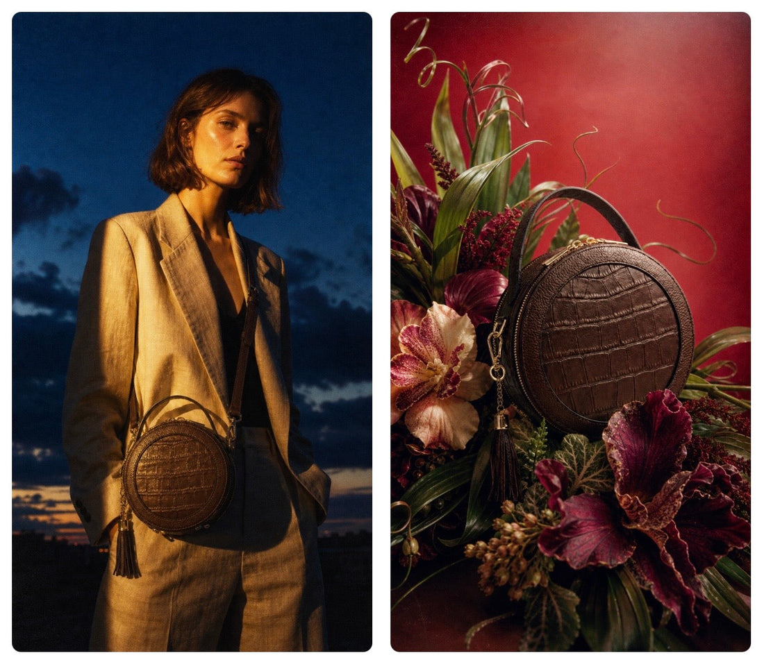 Cleopatra crossbody dark brown by TIKORI LONDON. Two pictures together. On one model in tan suit wears the bag as crossbody. On the other bag displays among beautiful bunch of orchids flowers in red background. 