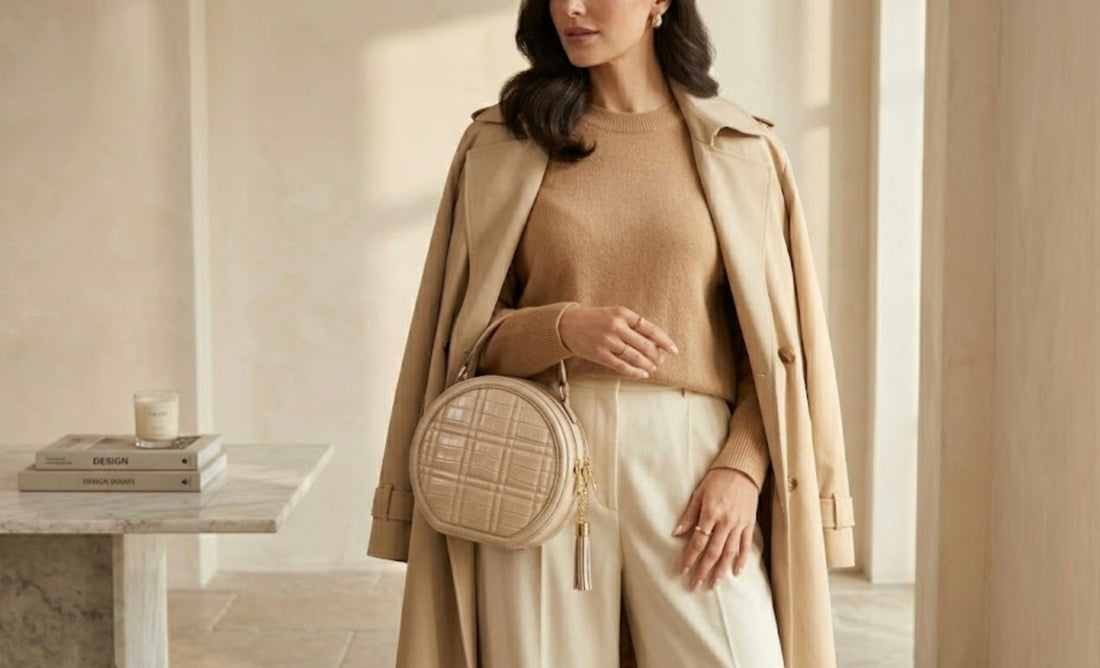 Body of a model displaying a circle bag in her hand. She wears ivory silky trousers, tan top and ivory long coat. Glamorous look. 