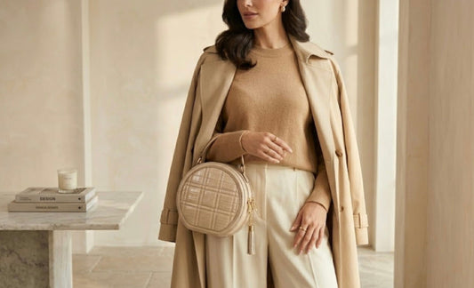 Body of a model displaying a circle bag in her hand. She wears ivory silky trousers, tan top and ivory long coat. Glamorous look. 