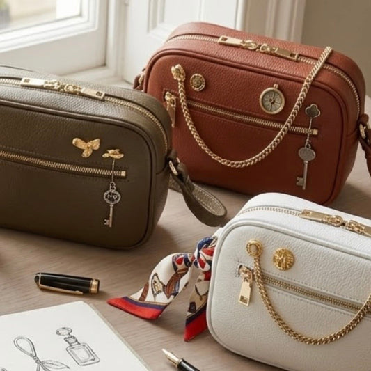 TIKORI classic pebble leather crossbody bag by TIKORI London, taupe, warm tan, and white crossbody bags display on a table. Bags are beautifully accessorised with gold charms and chains. Book and a pen also displayed on the table. 