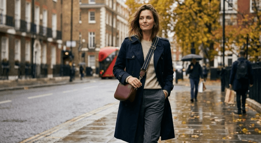 Beautiful model wearing dark navy trench cote, grey trousers and soft grey top walking on the road on a drizzling day in London. She wears TIKORI london classic crossbody in Navy. Autumn surrounding. 