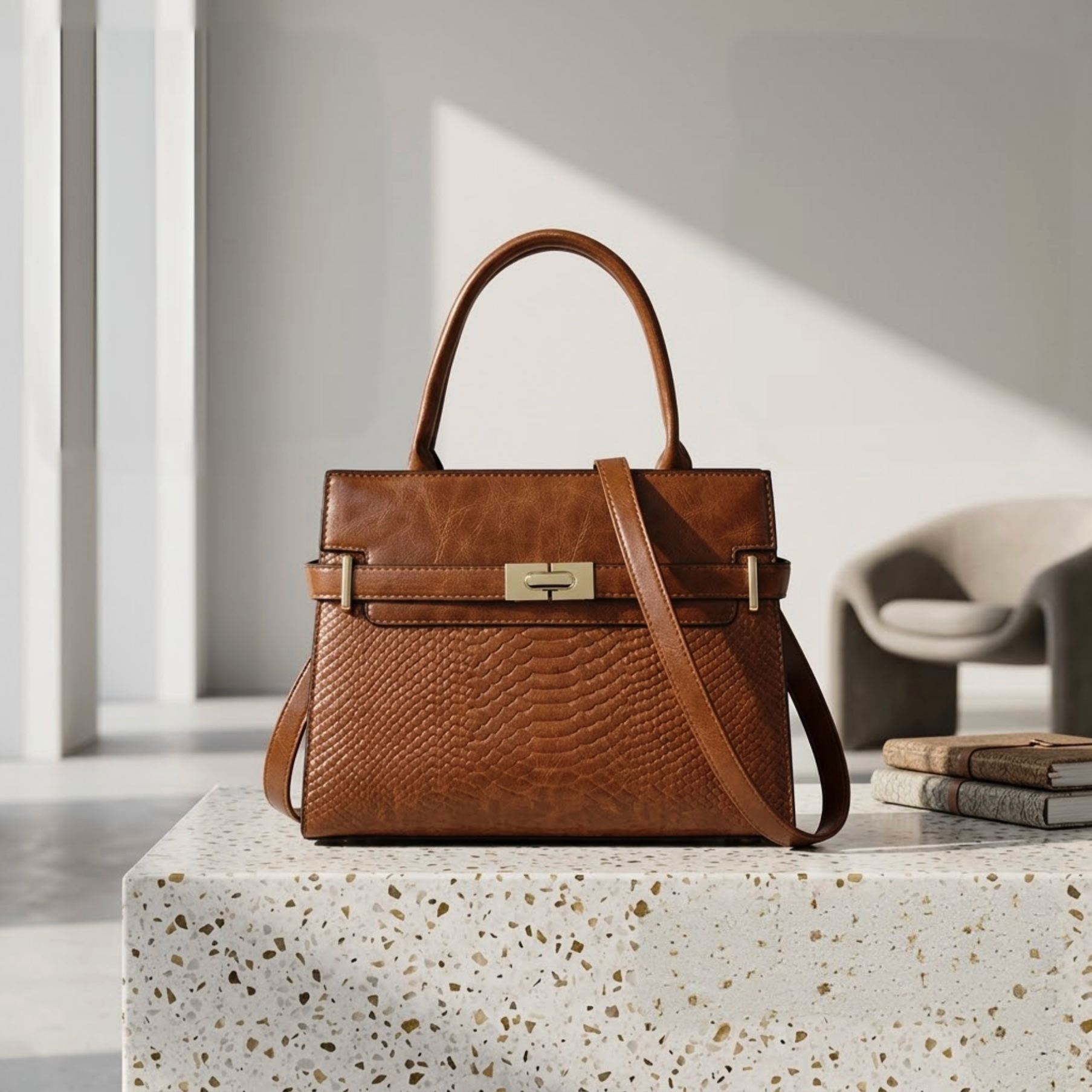 Terra embossed carryall tote by TIKORI LONDON. The upper half featured a smooth polished texture, while the lower half features a luxurious, deep embossed reptilian texture for a high contrast in premium high quality Vegan Leather. Tan bag displays on a Mabel top. 