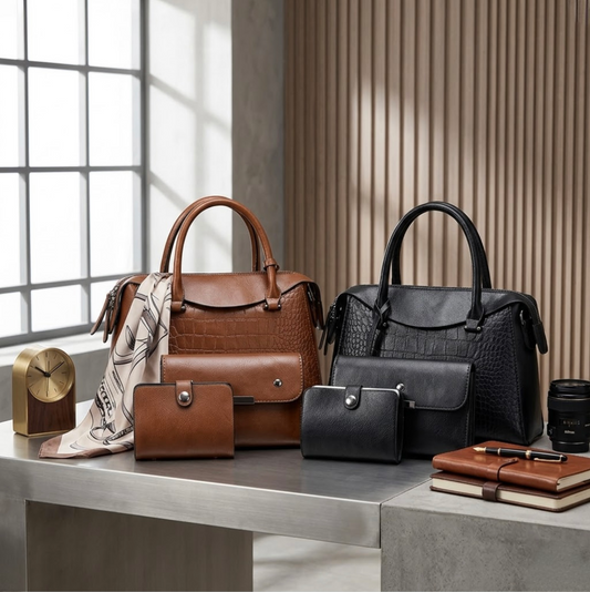 Vintage Inspired Embossed Satchel Bag by TIKORI LONDON. This elegant top handle handbag is crafted from rich, deep coffee toned high quality premium Vegan Leather, featuring a sophisticated crocodile embossed panel across the front for a multi textured look. Its structured "doctor bag" silhouette offers a spacious interior, secured by a smooth top zipper. both Black and Tan bags on concrete table in avery modern background. Matching wallets and card holders also showing in the picture.