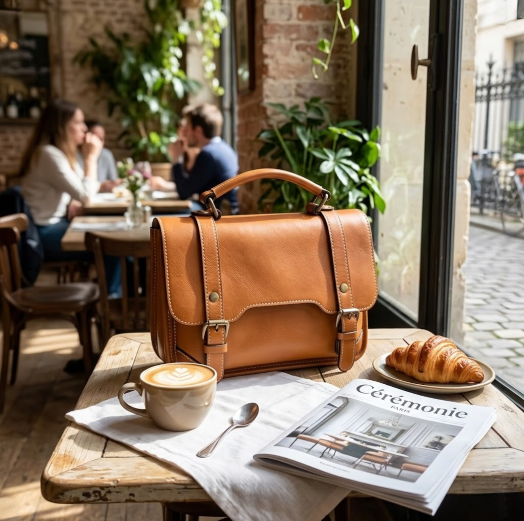 Heritage leather satchel messenger bag with top handle - Warm honey by TIKORI London. Crafted from premium genuine leather, this bag features a structured silhouette that maintains its sophisticated shape whether you’re heading to a boardroom meeting or a weekend brunch.
Bag displaying on the table in a cafe. 