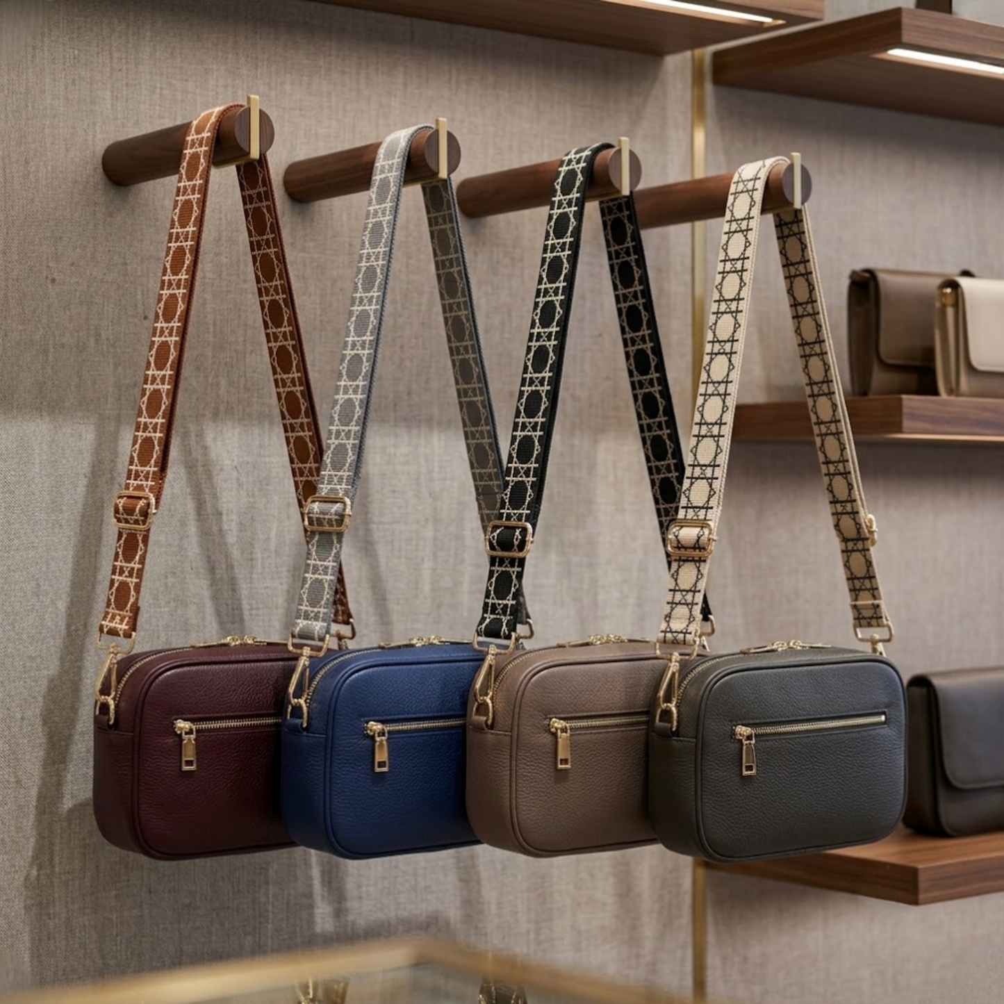 TIKORI LONDON checkered lines crossbody bag straps showing pattern and adjustable length. Four beautiful TIKORI Classic crossbody bags showing with the four straps attached, hanging on a wall display. Golden hardware showing in boutique environment. Elegant display.