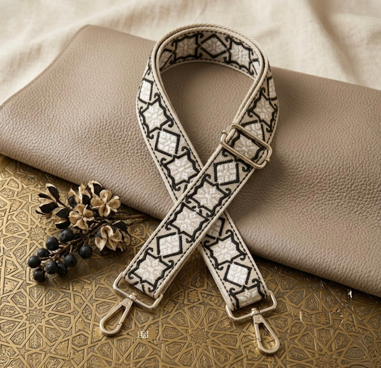 Woven Cross Body Bag Strap - Pearl Lumi  By TIKORI London. Soft geometric patterns with sleek design with golden tone hardware. For instance style upgrade.