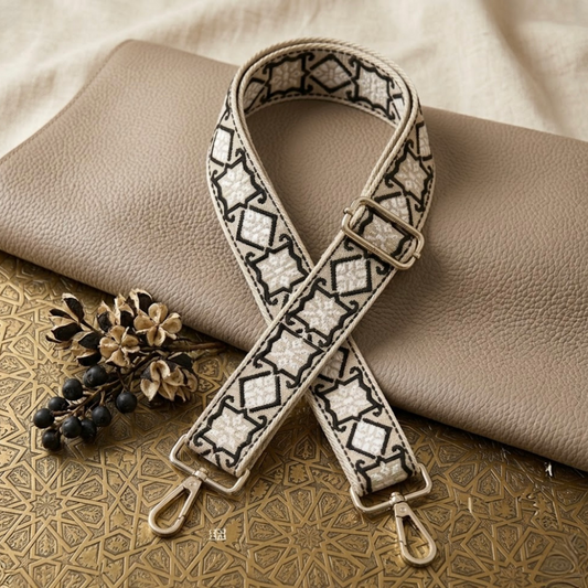 Woven Cross Body Bag Strap - Pearl Lumi  By TIKORI London. Soft geometric patterns with sleek design with golden tone hardware. For instance style upgrade.