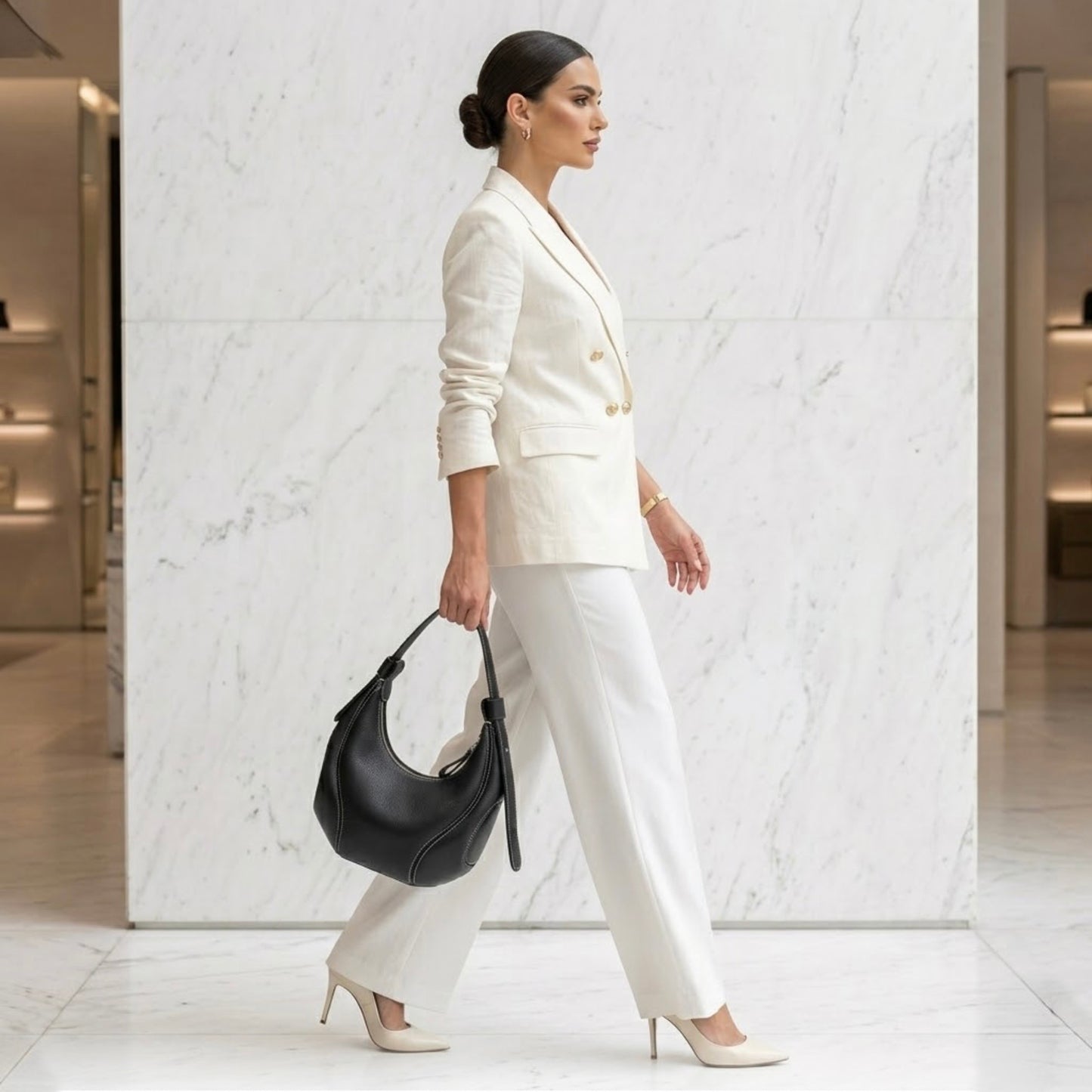 Ellipses crescent hoo bag black  by TIKORI LONDON. The Ellipse Crescent Hobo Bag is crafted in premium genuine leather, this piece is defined by its striking artisan contrast stitching that follows the bag's unique ergonomic lines. beautiful women in ivory and white cloths carrying the bag in store environment.