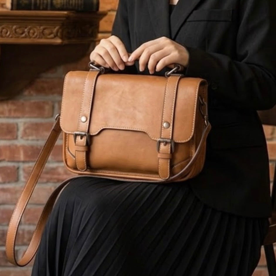 Heritage leather satchel messenger bag with top handle - Warm honey by TIKORI London. Crafted from premium genuine leather, this bag features a structured silhouette that maintains its sophisticated shape whether you’re heading to a boardroom meeting or a weekend brunch.
Model wearing long black skirt and top,  sitting on a chair and holding the bag on the picture. Models face cannot be seen. 