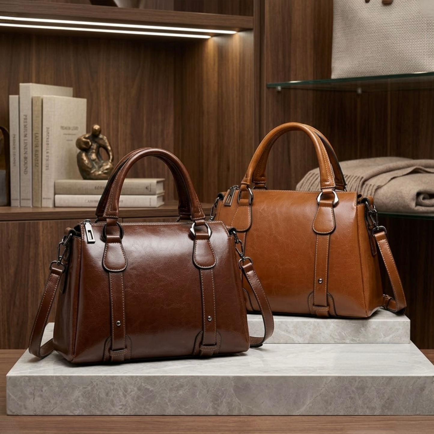 Vintage Brown Polished Satchel Bag by TIKORI LONDON. Crafted from high quality genuine leather, this bag offers a luxurious aesthetic with a durable finish that stands up to daily wear. Both light brown and dark brown bags are displays in the picture in a modern boutique environment. Some books on the shelf and a scarf can be seen next to the bags. 