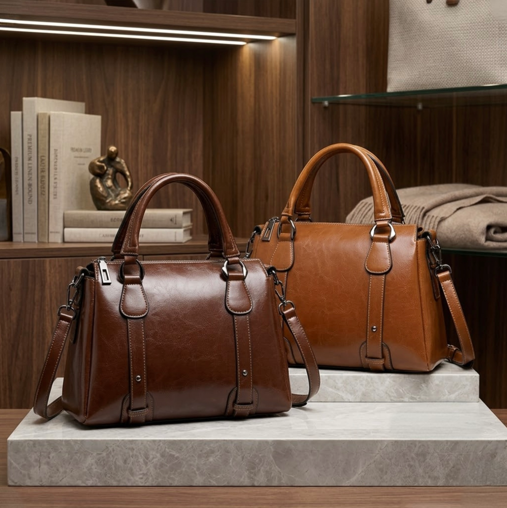 Vintage Brown Polished Satchel Bag by TIKORI LONDON. Crafted from high quality genuine leather, this bag offers a luxurious aesthetic with a durable finish that stands up to daily wear. Both light brown and dark brown bags are displays in the picture in a modern boutique environment. Some books on the shelf and a scarf can be seen next to the bags. 