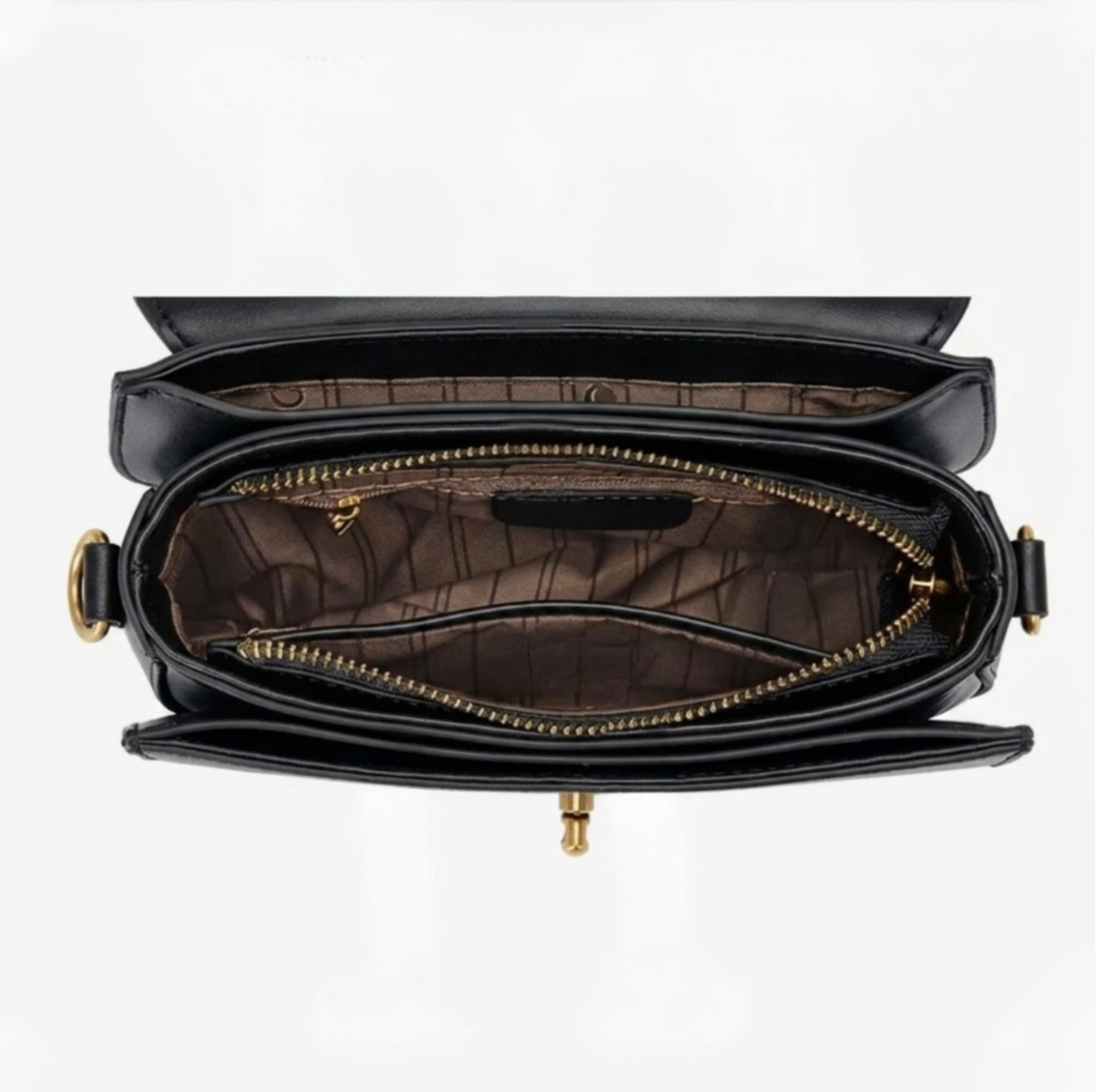 Luna saddle bag - Black - TIKORI LONDON. Open bag showing the inner lining and zipper details on the picture in a white background. 