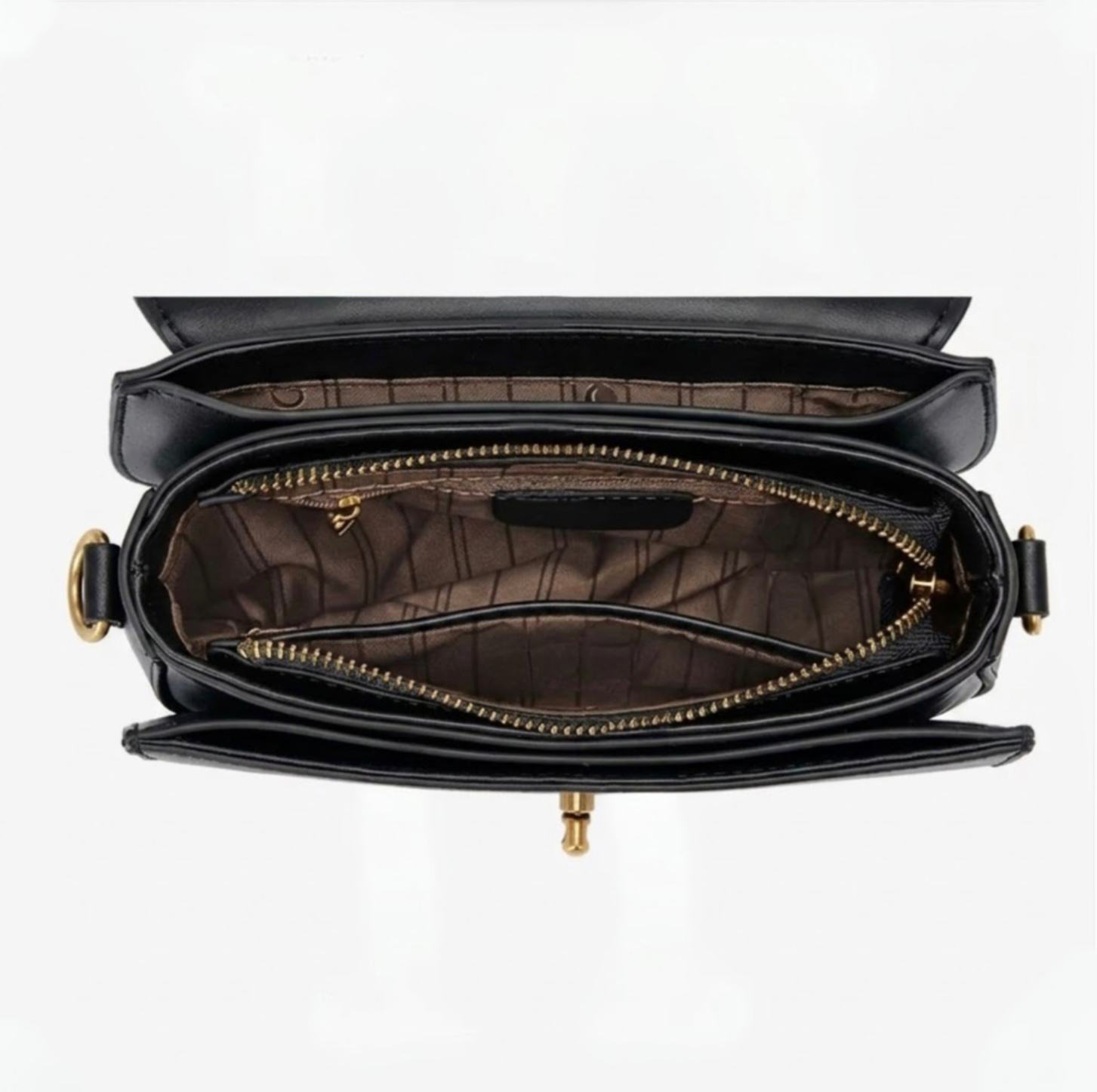 Luna saddle bag - Black - TIKORI LONDON. Open bag showing the inner lining and zipper details on the picture in a white background. 