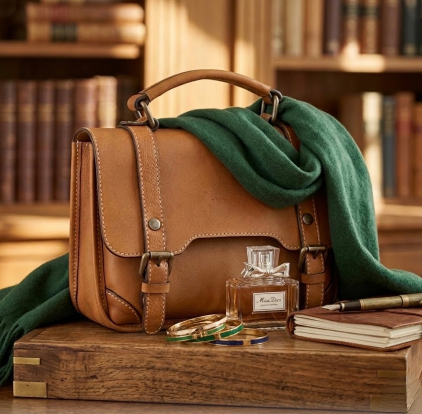 Heritage leather satchel messenger bag with top handle - Warm honey by TIKORI London. Crafted from premium genuine leather, this bag features a structured silhouette that maintains its sophisticated shape whether you’re heading to a boardroom meeting or a weekend brunch.
Bag display on the table with a soft wool scarf and jewellery and perfume.