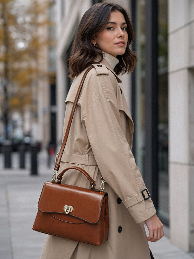Heritage Flap Bag - Tan  By TIKORI London. Features a beautiful, sweeping front flap secured by a polished, shield shaped gold clasp. Top handle and long strap included. Front of the bag showing on the picture. Beautiful model wearing the bag on street. Side profile of the model in cream trench cote wear the bag as shoulder. Street background.