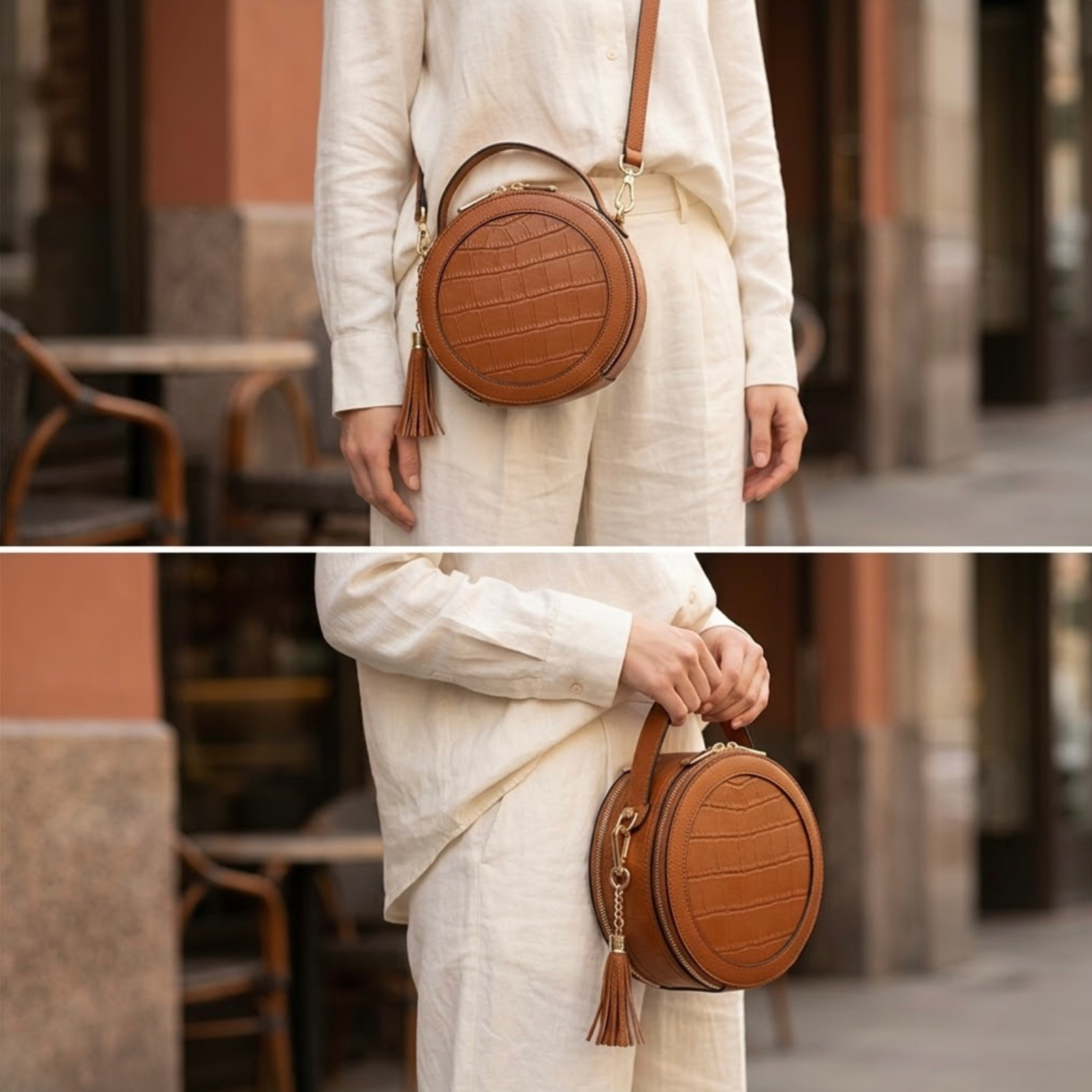 Cleopatra by TIKORI London. warm tan leather circle crossbody bag with dual zip fastening and finished leather details. Two pictures together. Model wearing ivory cloths wearing the bag as crossbody in one picture and she is holding the bag from top handle on the other. Front profile of the bag displays.