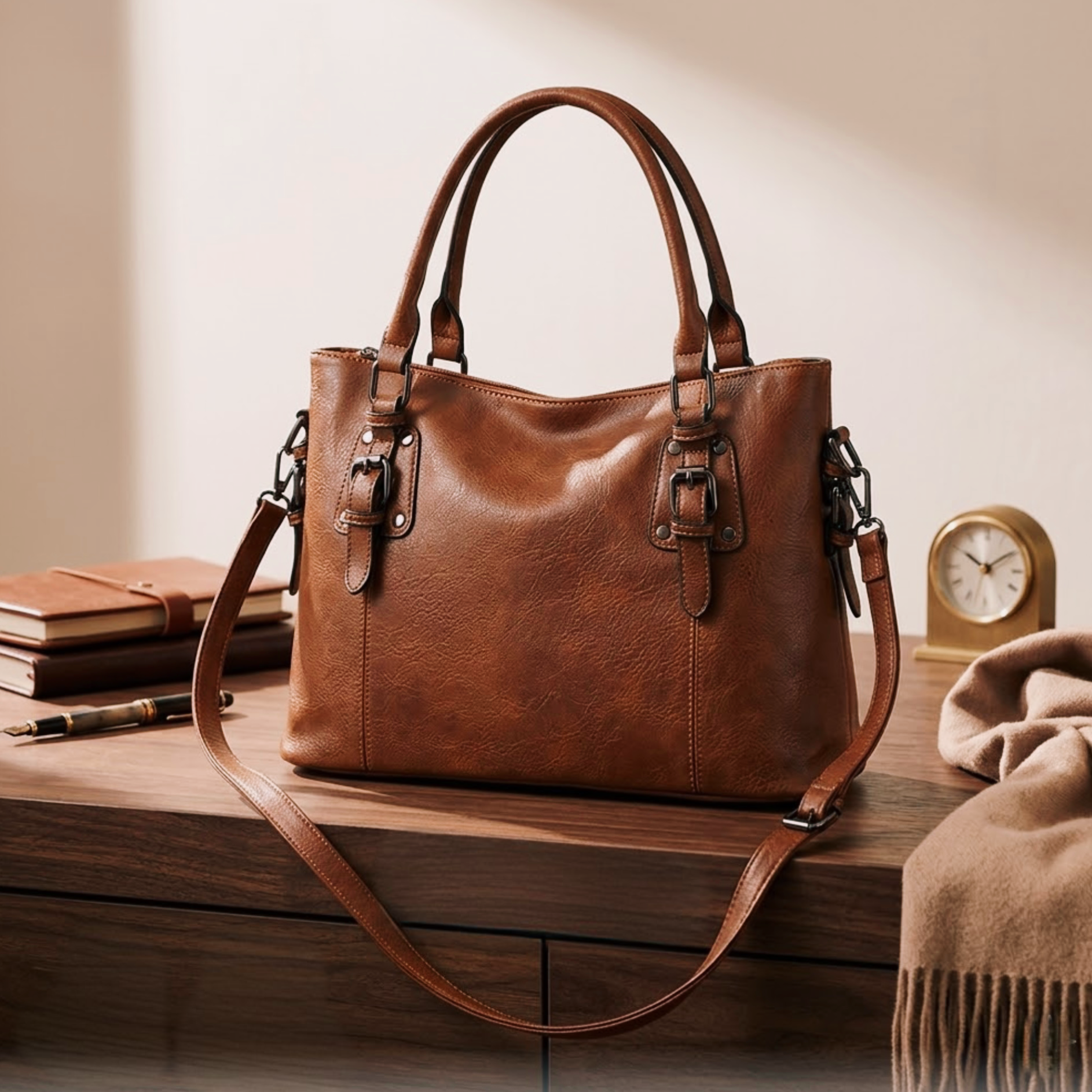 Maven Satchel - Warm Brown by TIKORI LONDON. Front of the bag showing with gun metal hardware. Bag display on a table in a classic timeless style.