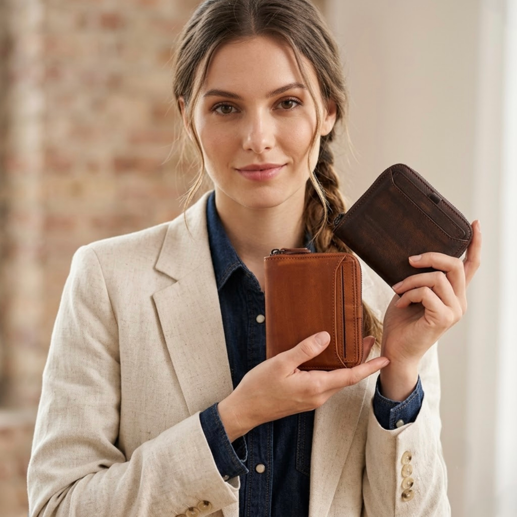 Short box wallets by TIKORI LONDON. beautiful model in beige blazer and blue denim shirt holding both dark brown and light brown wallets in a cream background.