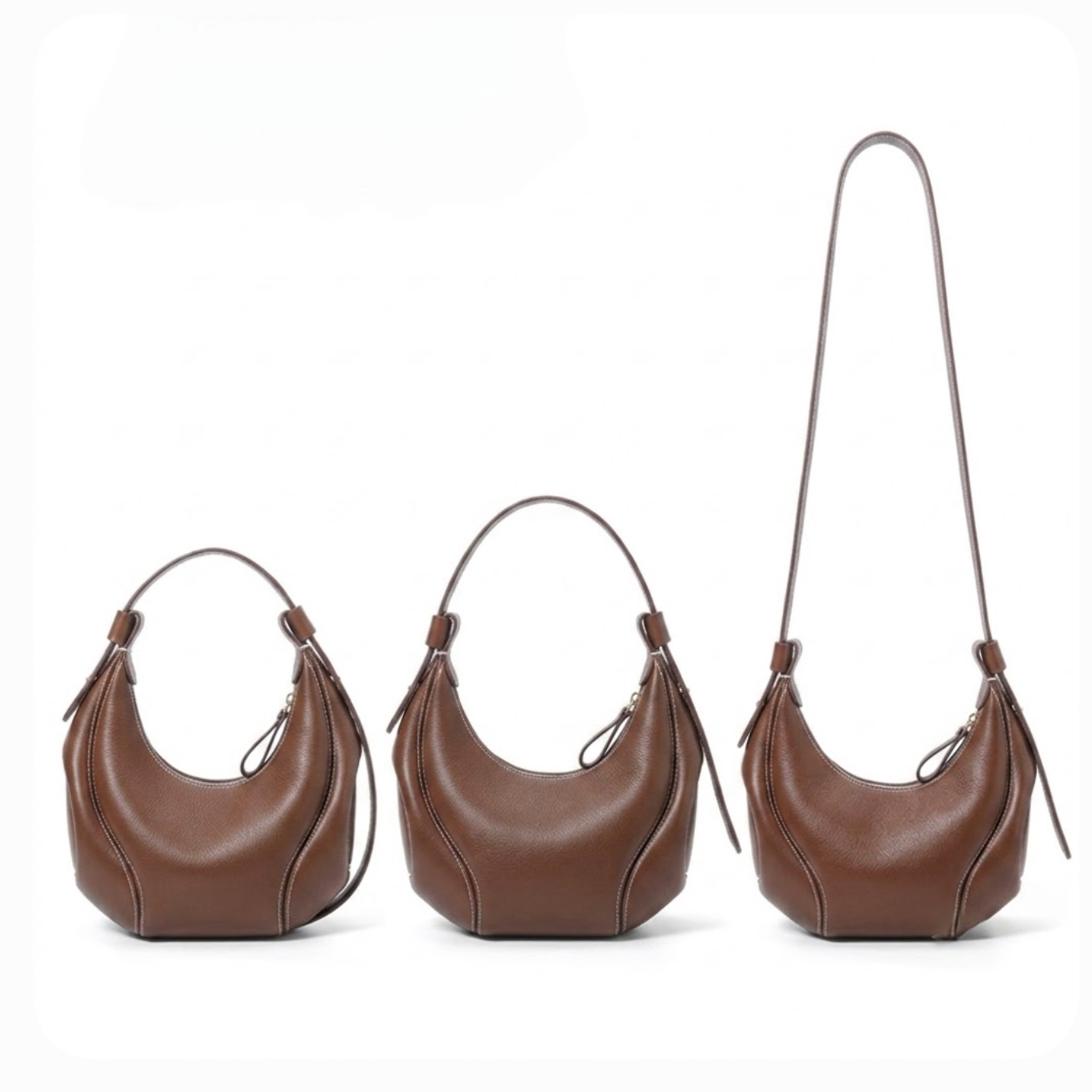 Elipse crescent hobo bag in brown by TIKORI LONDON. Brown genuine leather bag with 3 effortless versatility . Three bags showing the different lengths straps attached in a fully white background.