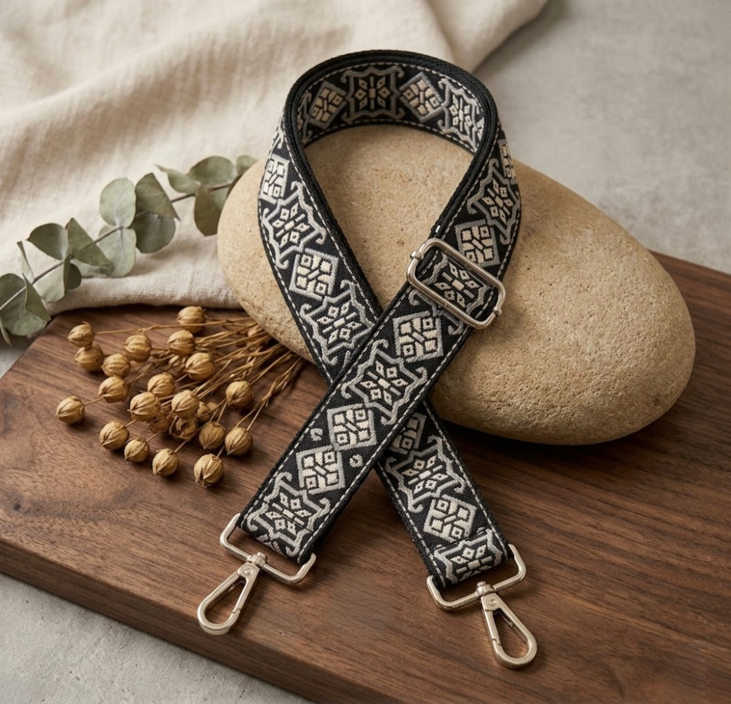Woven Cross Body Bag Strap - Slate Noir  By TIKORI London. Soft geometric patterns with sleek design with golden tone hardware. For instance style upgrade.