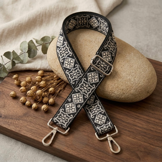 Woven Cross Body Bag Strap - Slate Noir  By TIKORI London. Soft geometric patterns with sleek design with golden tone hardware. For instance style upgrade.