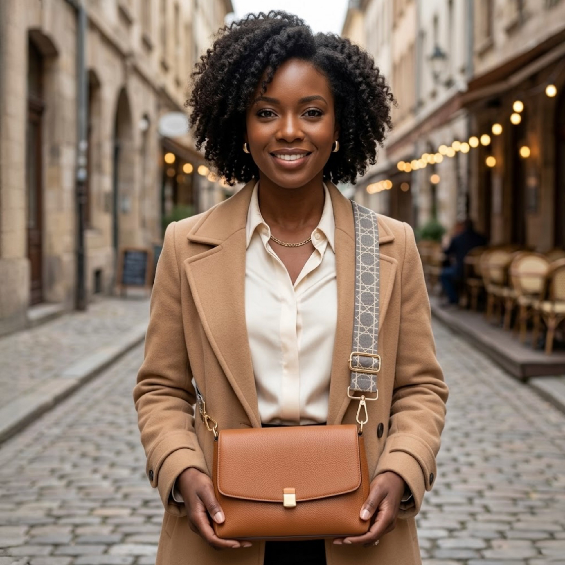 Grey  Tikori London Checkered Lines Crossbody Strap with adjustable length laid and stylish pattern displayed. Dark skinned model wearing tan coat wearing the crossbody bag has this strap. Golden hardware also showing in the picture in a street background. 