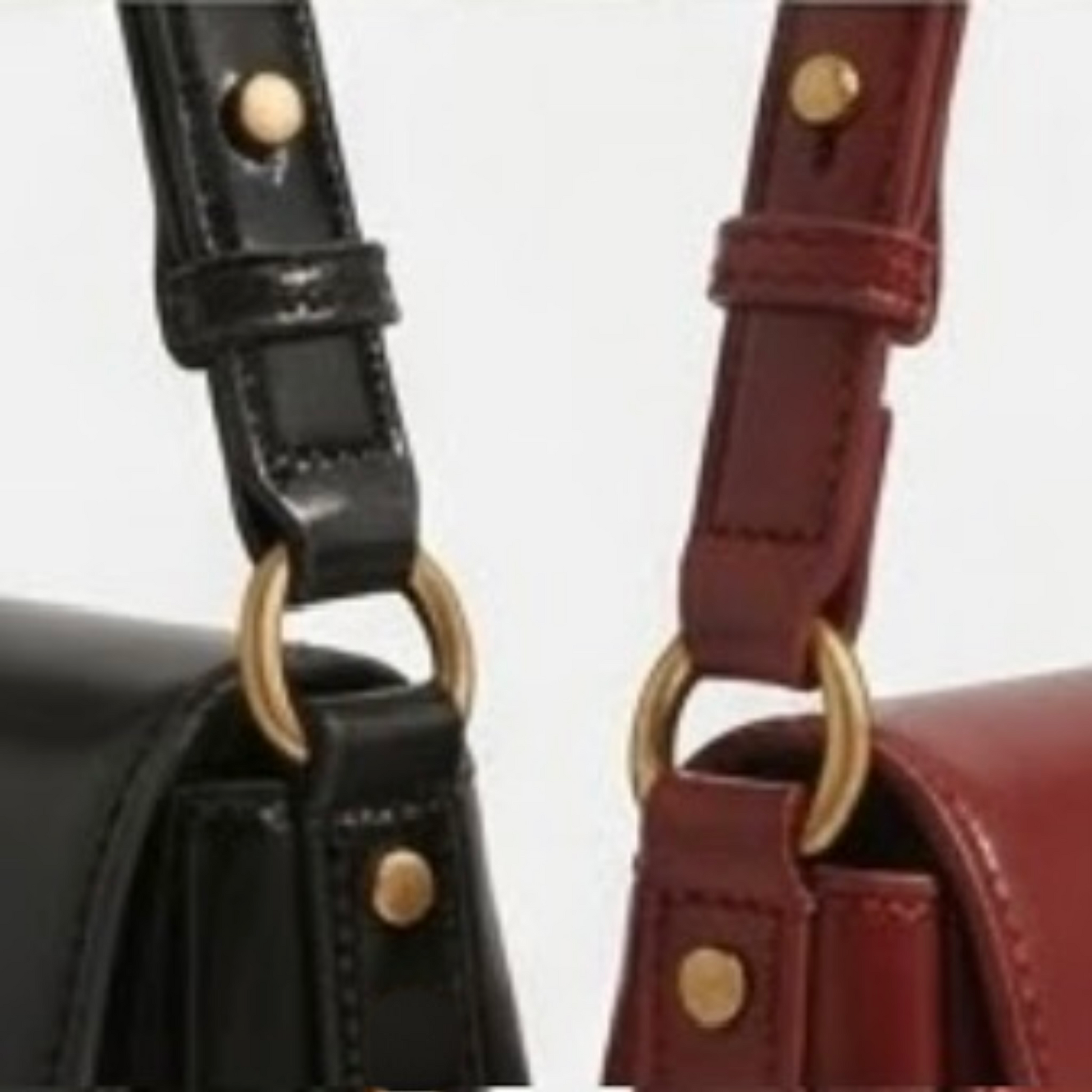 Crimson muse shoulder bag by TIKORI LONDON. Red and Black bag strap and golden hardware details shows on the picture. 