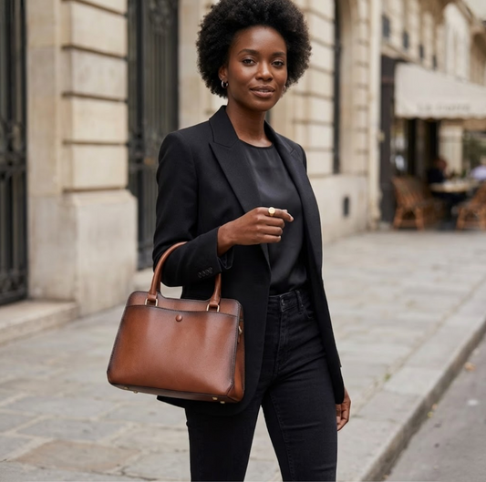 Heritage Burnished Leather Tote - Deep mahogany by TIKORI LONDON. Each piece features a signature hand burnished finish. This artisanal technique creates a rich, multi tonal gradient, a deep mahogany patina that evolves and grows more beautiful with every year of use. Beautiful dark skinned female model in black jean, top and a blazer holding this in her arm, in the street. He look stunning.