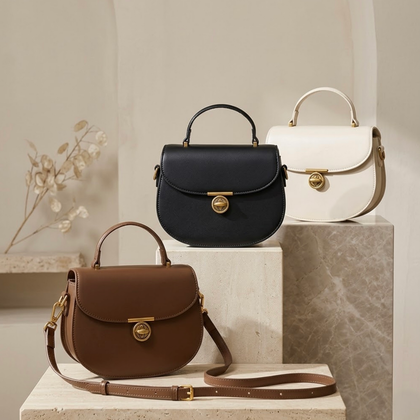 Luna saddle bag - Black - TIKORI LONDON. Black, Brown , and Ivory all 3 bags are on the display showing front profile of the bag. 
