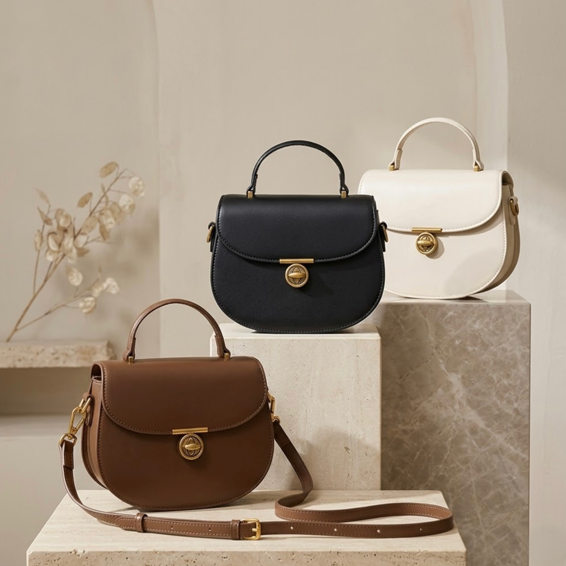 Luna saddle bag - Black - TIKORI LONDON. Black, Brown , and Ivory all 3 bags are on the display showing front profile of the bag. 