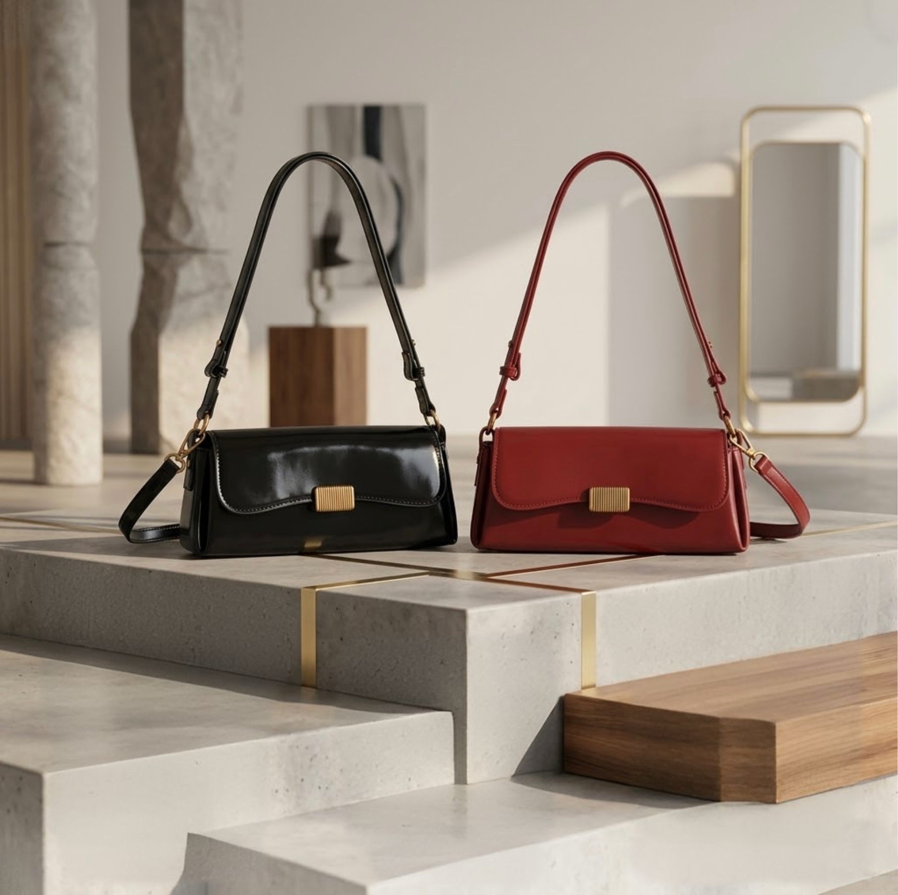 Crimson muse shoulder bag by TIKORI London. Features a structured, elongated "baguette" body with clean, sharp lines and a narrow profile designed to sit snugly under the arm. Crafted in a vibrant, rich red, smooth polished premium high quality Vegan Leather. Both black and red bags on a beautiful concrete display, showing in the picture.