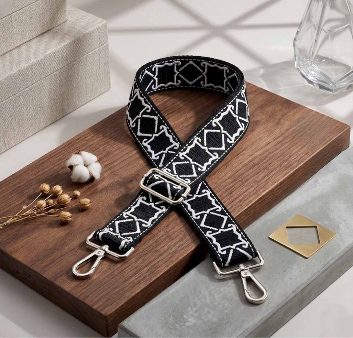 Woven Cross Body Bag Strap - Stark Noir By TIKORI london. Soft geometric patterns with sleek design with golden tone hardware. For instance style upgrade.